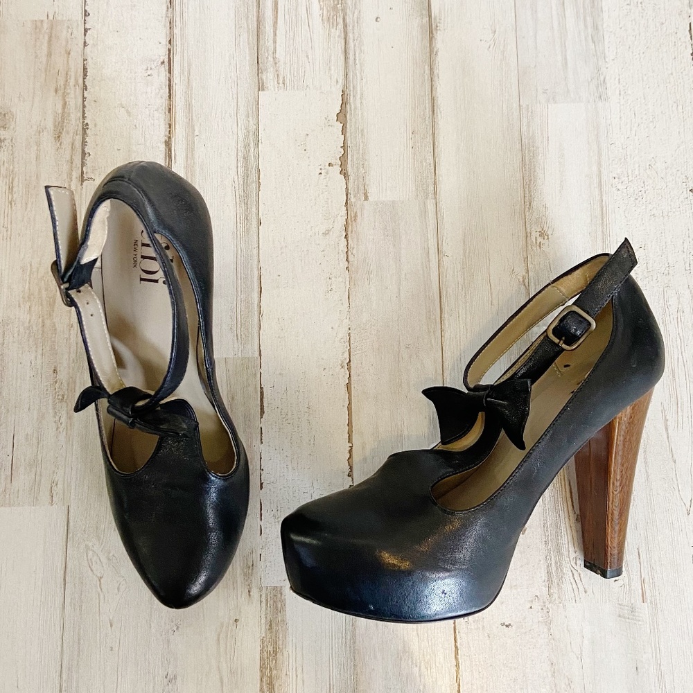 Tibi | Womens Black Leather Bow Buckle Platform Wooden Heel Booties | Size: 37